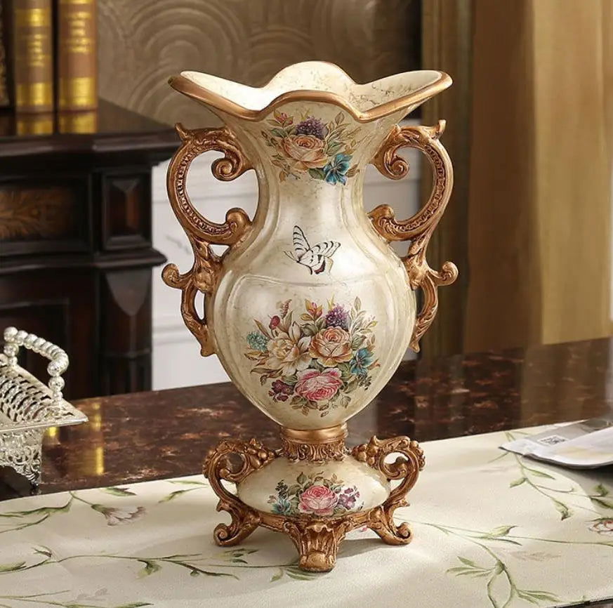 Victorian European Ceramic Vintage Vase With Hand-painted Flowers Resin Floral Sophisticated Pot for Living Room Entrance Kitchen Bedroom Ornaments Home Decoration - Grand Goldman