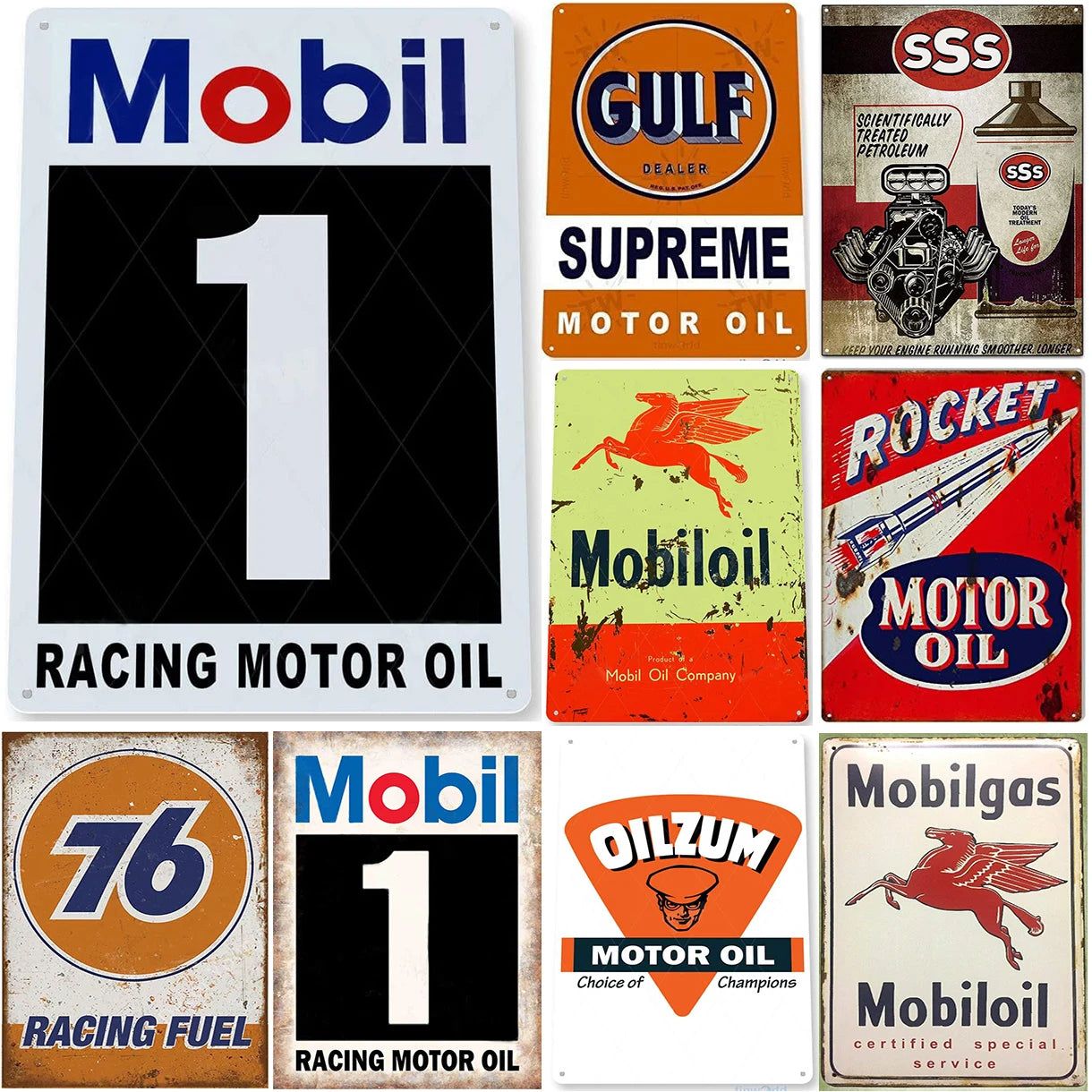 Vintage Mobil 1 Racing Motor Oil Rocket Oilzum Oil Gas Metal Tin Signs Wall Decor for Bars Garage Gas Oil Station Cafe Clubs Pub - Grand Goldman