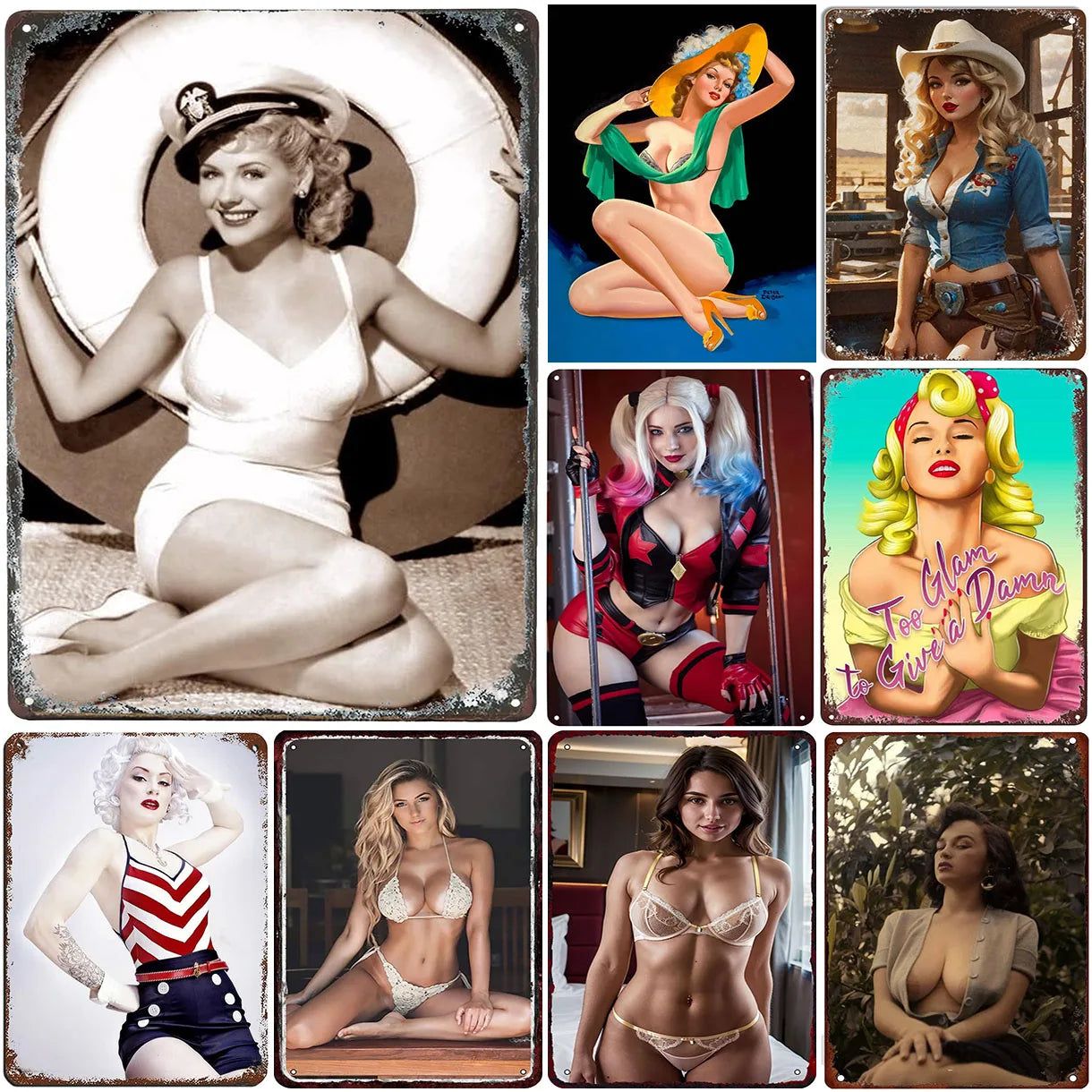Vintage Pinup Girls Metal Tin Signs Plaque Metal Plate Retro Wall Art Posters for Man Cave Cafe Bar Pub Iron Painting Decoration - Grand Goldman