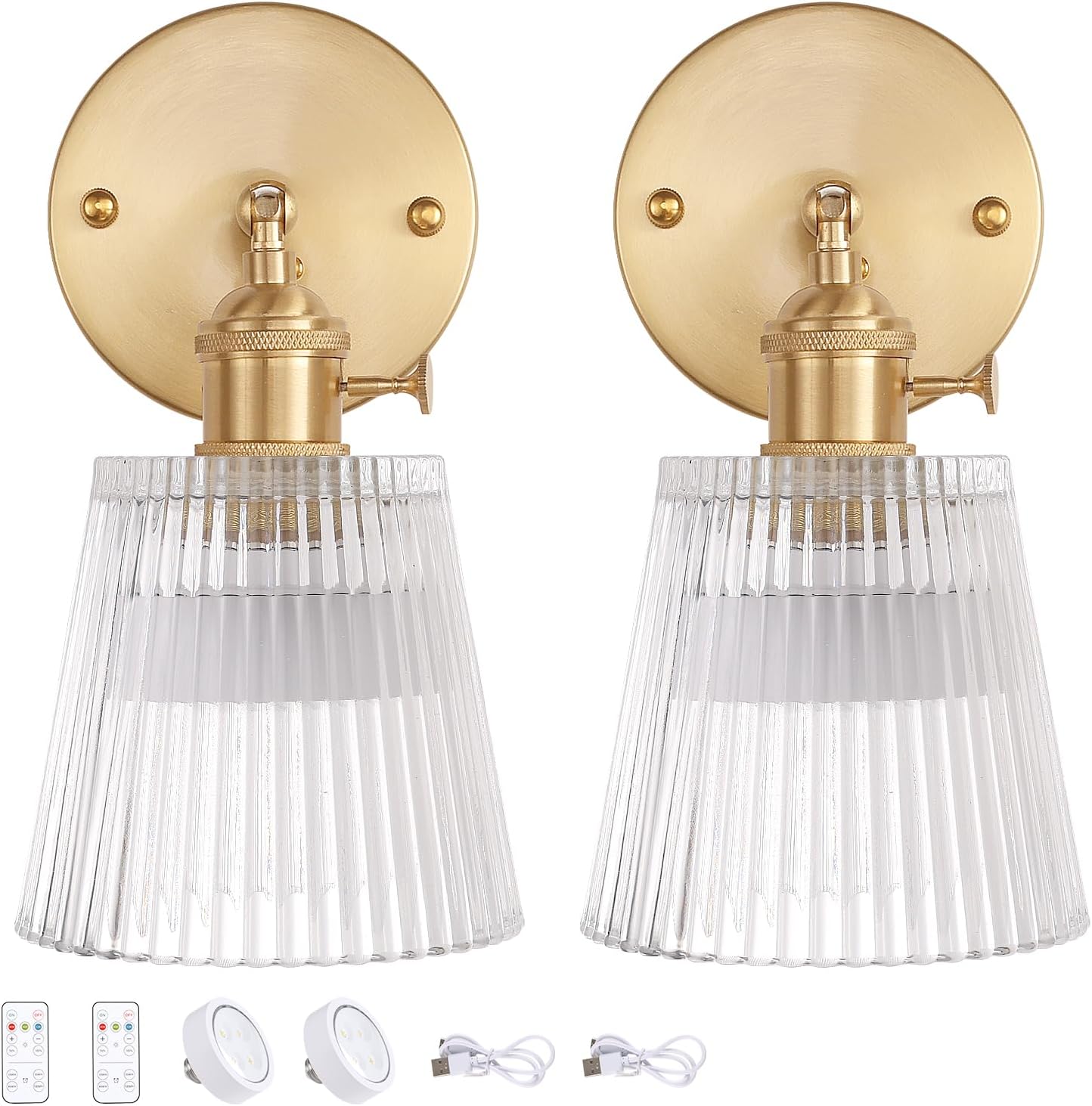 Vintage Battery Operated Wall Sconce with Green Tulip Glass Lampshade Rechargeable Battery Powered Wall Light with Remote Control for Bedside Bedroom Doorway - Grand Goldman