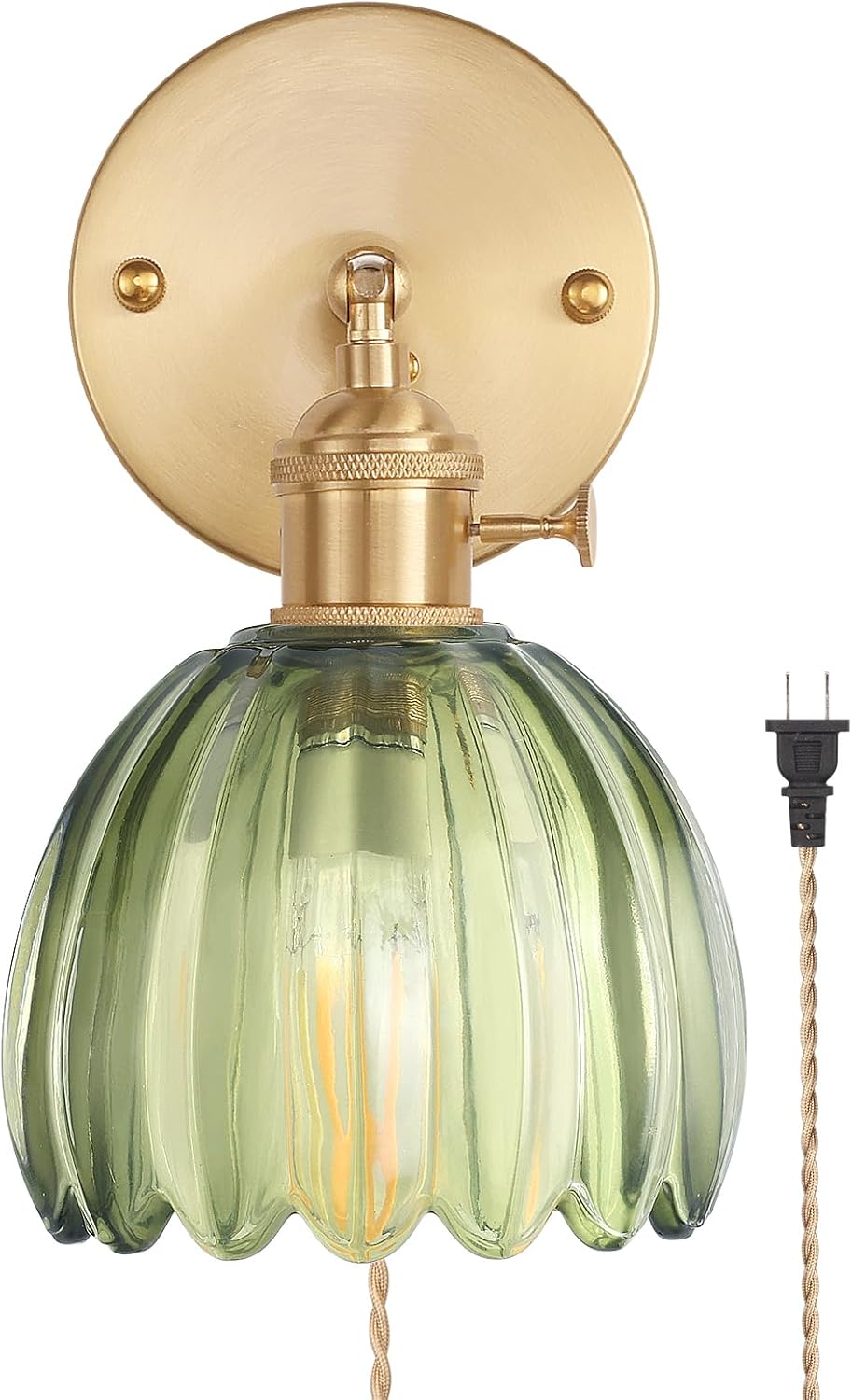 Vintage Battery Operated Wall Sconce with Green Tulip Glass Lampshade Rechargeable Battery Powered Wall Light with Remote Control for Bedside Bedroom Doorway - Grand Goldman