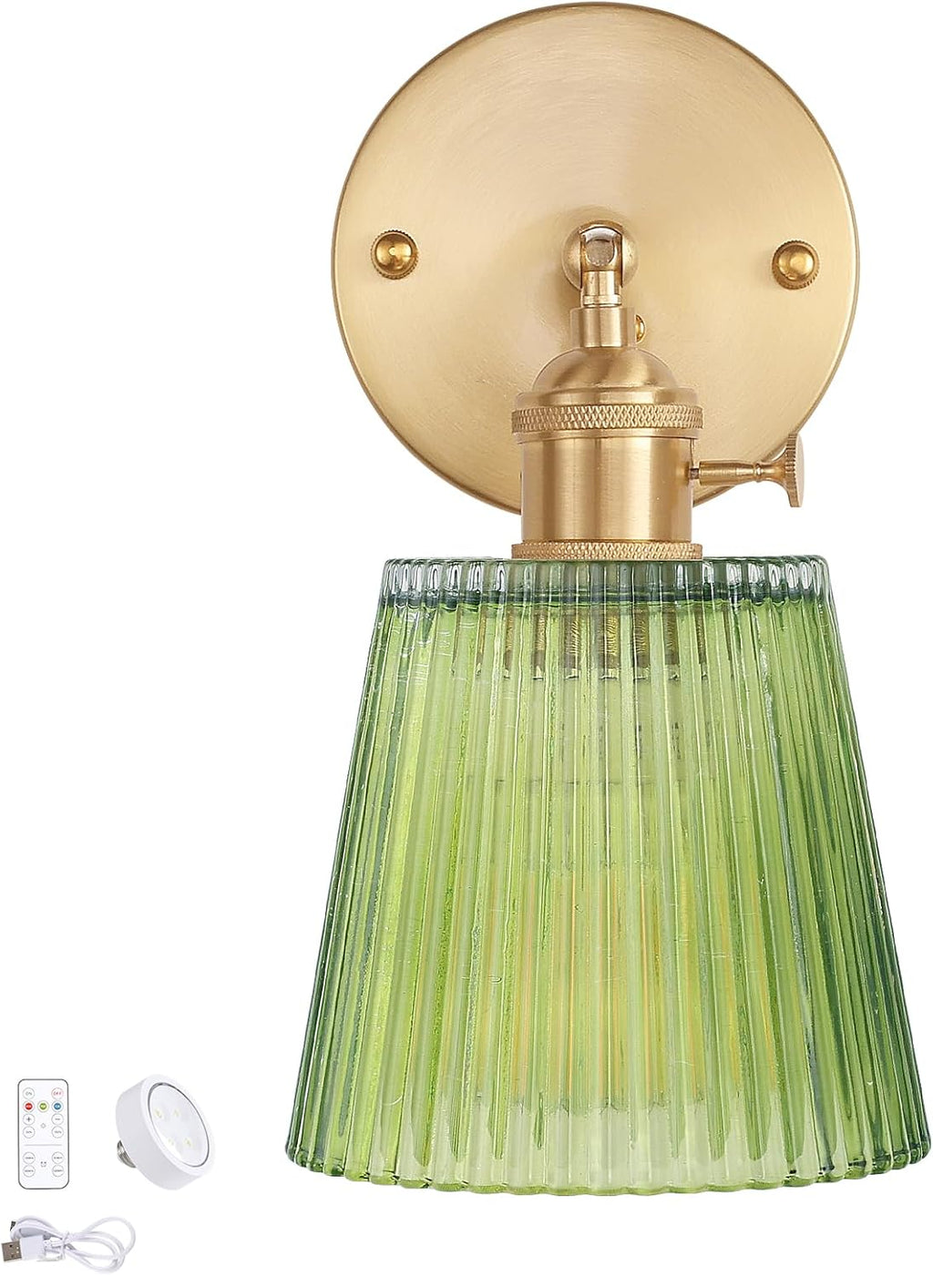 Vintage Battery Operated Wall Sconce with Green Tulip Glass Lampshade Rechargeable Battery Powered Wall Light with Remote Control for Bedside Bedroom Doorway - Grand Goldman