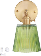 Vintage Battery Operated Wall Sconce with Green Tulip Glass Lampshade Rechargeable Battery Powered Wall Light with Remote Control for Bedside Bedroom Doorway - Grand Goldman