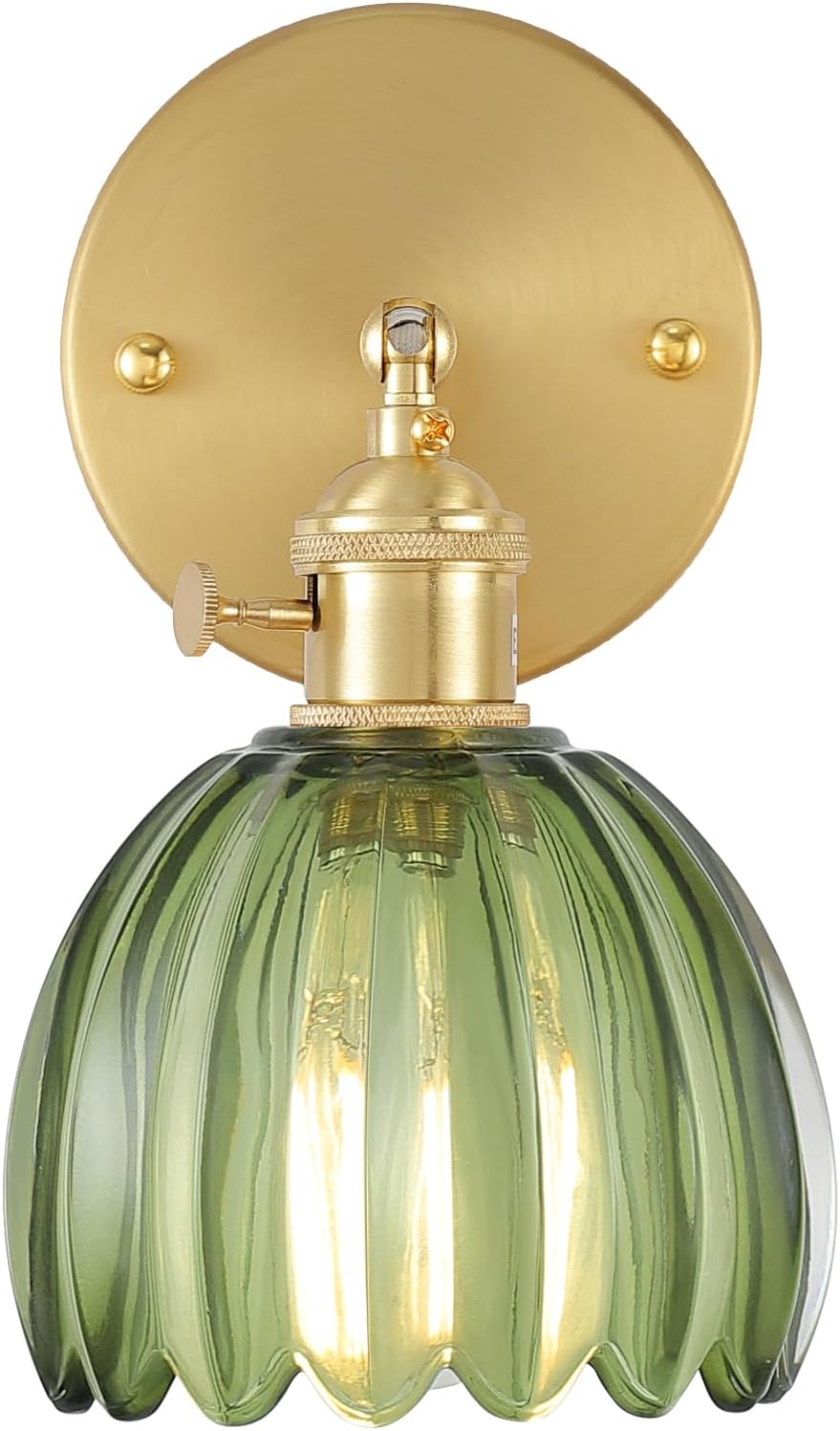 Vintage Battery Operated Wall Sconce with Green Tulip Glass Lampshade Rechargeable Battery Powered Wall Light with Remote Control for Bedside Bedroom Doorway - Grand Goldman