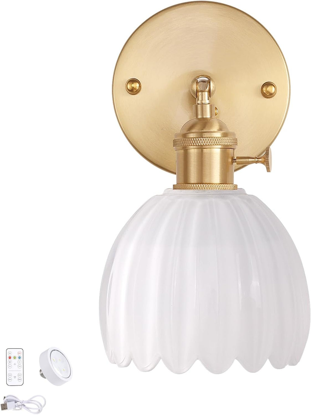 Vintage Battery Operated Wall Sconce with Green Tulip Glass Lampshade Rechargeable Battery Powered Wall Light with Remote Control for Bedside Bedroom Doorway - Grand Goldman