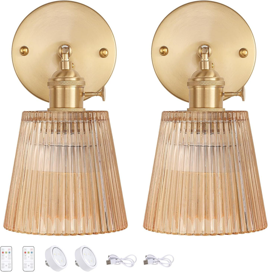 Vintage Battery Operated Wall Sconce with Green Tulip Glass Lampshade Rechargeable Battery Powered Wall Light with Remote Control for Bedside Bedroom Doorway - Grand Goldman