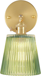 Vintage Battery Operated Wall Sconce with Green Tulip Glass Lampshade Rechargeable Battery Powered Wall Light with Remote Control for Bedside Bedroom Doorway - Grand Goldman