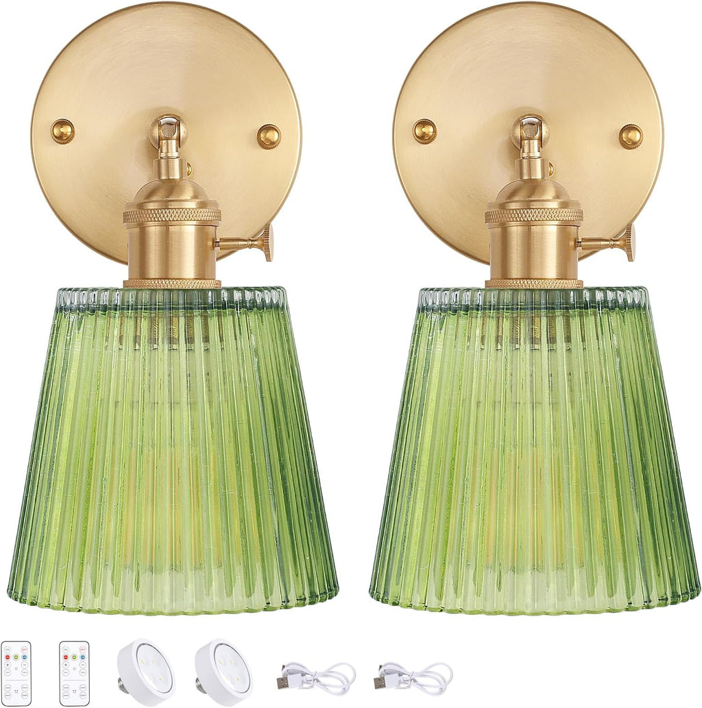 Vintage Battery Operated Wall Sconce with Green Tulip Glass Lampshade Rechargeable Battery Powered Wall Light with Remote Control for Bedside Bedroom Doorway - Grand Goldman