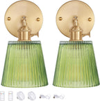 Vintage Battery Operated Wall Sconce with Green Tulip Glass Lampshade Rechargeable Battery Powered Wall Light with Remote Control for Bedside Bedroom Doorway - Grand Goldman
