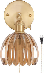 Vintage Battery Operated Wall Sconce with Green Tulip Glass Lampshade Rechargeable Battery Powered Wall Light with Remote Control for Bedside Bedroom Doorway - Grand Goldman
