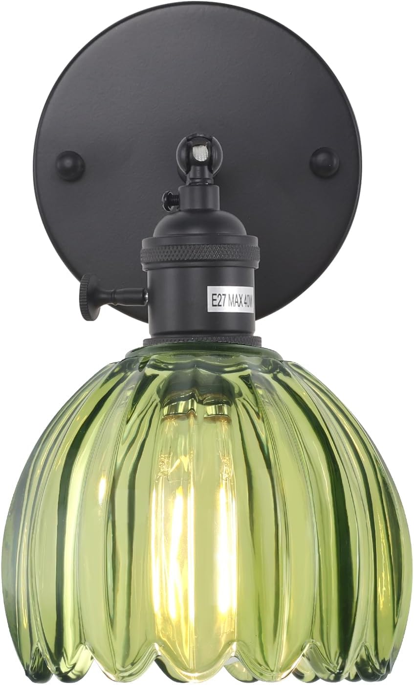 Vintage Battery Operated Wall Sconce with Green Tulip Glass Lampshade Rechargeable Battery Powered Wall Light with Remote Control for Bedside Bedroom Doorway - Grand Goldman