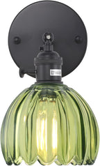 Vintage Battery Operated Wall Sconce with Green Tulip Glass Lampshade Rechargeable Battery Powered Wall Light with Remote Control for Bedside Bedroom Doorway - Grand Goldman