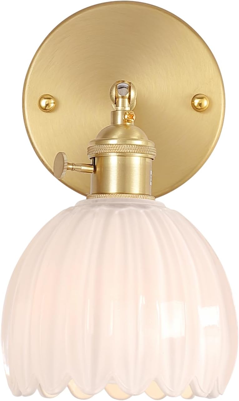 Vintage Battery Operated Wall Sconce with Green Tulip Glass Lampshade Rechargeable Battery Powered Wall Light with Remote Control for Bedside Bedroom Doorway - Grand Goldman