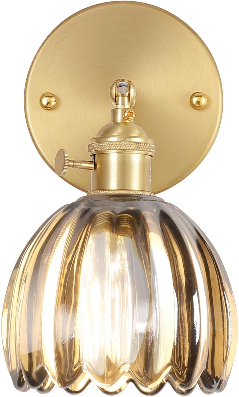 Vintage Battery Operated Wall Sconce with Green Tulip Glass Lampshade Rechargeable Battery Powered Wall Light with Remote Control for Bedside Bedroom Doorway - Grand Goldman