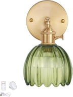 Vintage Battery Operated Wall Sconce with Green Tulip Glass Lampshade Rechargeable Battery Powered Wall Light with Remote Control for Bedside Bedroom Doorway - Grand Goldman