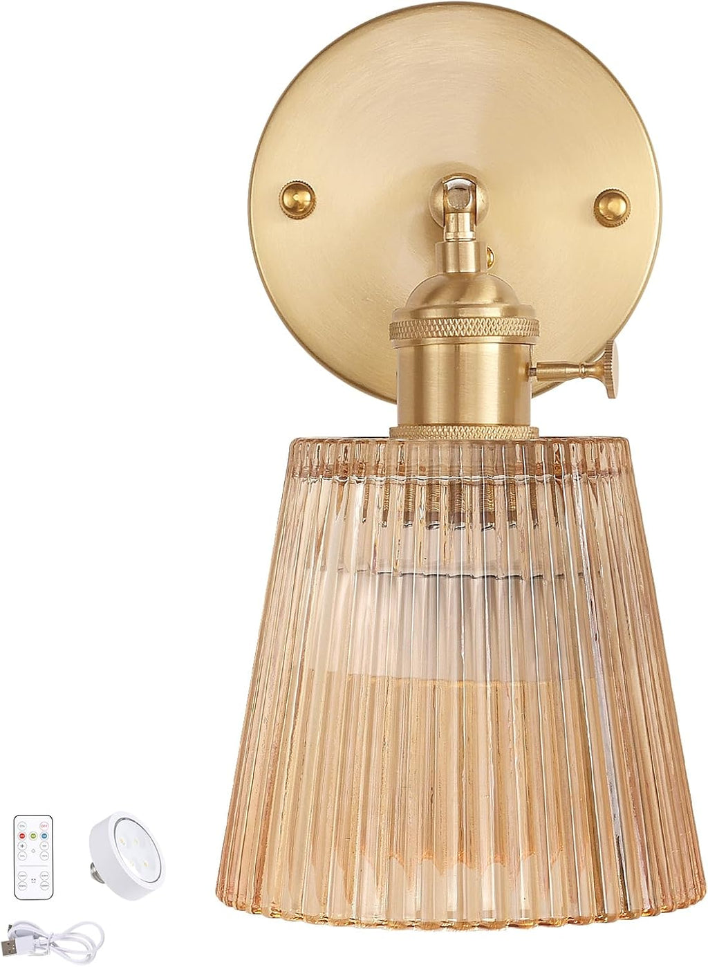 Vintage Battery Operated Wall Sconce with Green Tulip Glass Lampshade Rechargeable Battery Powered Wall Light with Remote Control for Bedside Bedroom Doorway - Grand Goldman