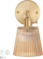 Vintage Battery Operated Wall Sconce with Green Tulip Glass Lampshade Rechargeable Battery Powered Wall Light with Remote Control for Bedside Bedroom Doorway - Grand Goldman