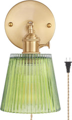Vintage Battery Operated Wall Sconce with Green Tulip Glass Lampshade Rechargeable Battery Powered Wall Light with Remote Control for Bedside Bedroom Doorway - Grand Goldman