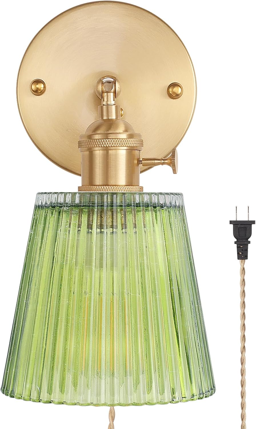 Vintage Battery Operated Wall Sconce with Green Tulip Glass Lampshade Rechargeable Battery Powered Wall Light with Remote Control for Bedside Bedroom Doorway - Grand Goldman