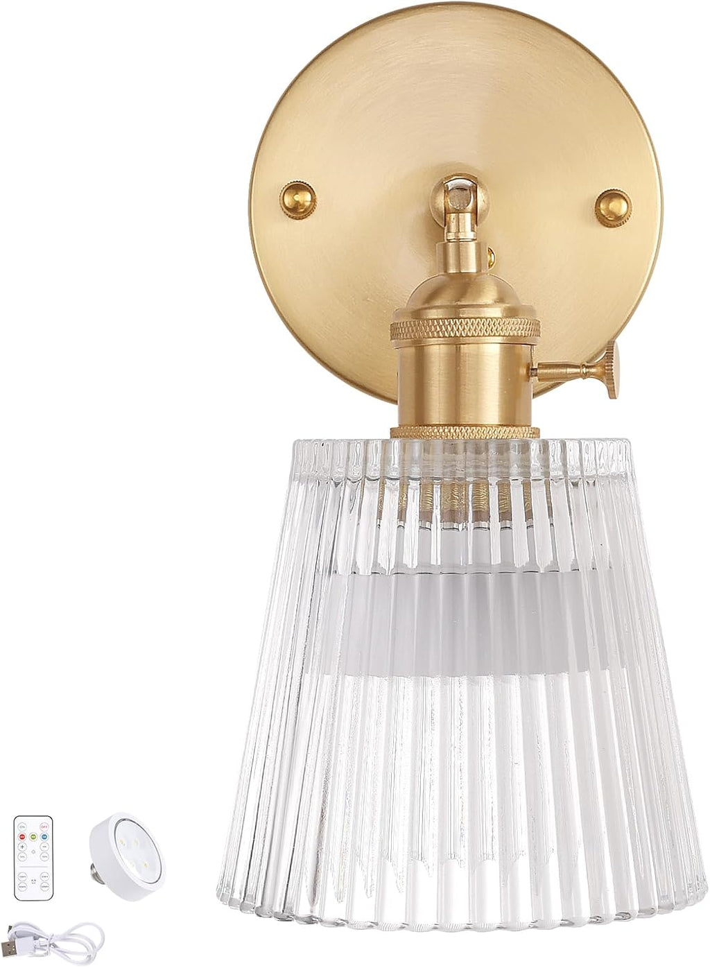 Vintage Battery Operated Wall Sconce with Green Tulip Glass Lampshade Rechargeable Battery Powered Wall Light with Remote Control for Bedside Bedroom Doorway - Grand Goldman