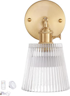 Vintage Battery Operated Wall Sconce with Green Tulip Glass Lampshade Rechargeable Battery Powered Wall Light with Remote Control for Bedside Bedroom Doorway - Grand Goldman