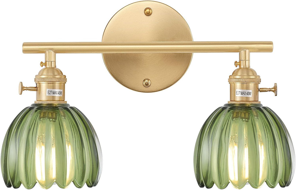 Vintage Battery Operated Wall Sconce with Green Tulip Glass Lampshade Rechargeable Battery Powered Wall Light with Remote Control for Bedside Bedroom Doorway - Grand Goldman