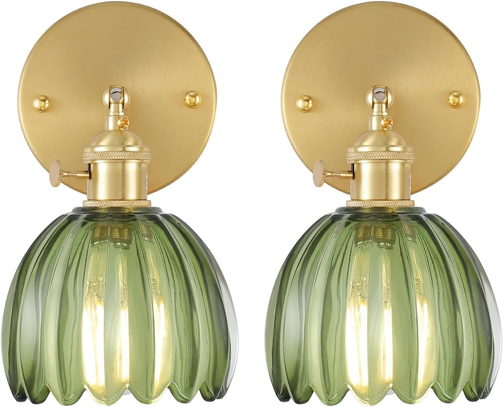 Vintage Battery Operated Wall Sconce with Green Tulip Glass Lampshade Rechargeable Battery Powered Wall Light with Remote Control for Bedside Bedroom Doorway - Grand Goldman