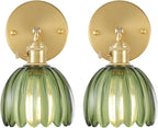 Vintage Battery Operated Wall Sconce with Green Tulip Glass Lampshade Rechargeable Battery Powered Wall Light with Remote Control for Bedside Bedroom Doorway - Grand Goldman
