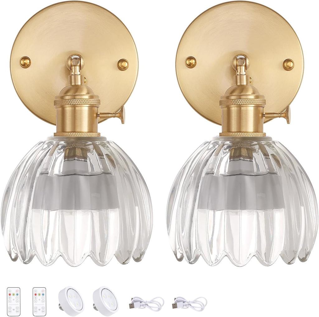 Vintage Battery Operated Wall Sconce with Green Tulip Glass Lampshade Rechargeable Battery Powered Wall Light with Remote Control for Bedside Bedroom Doorway - Grand Goldman