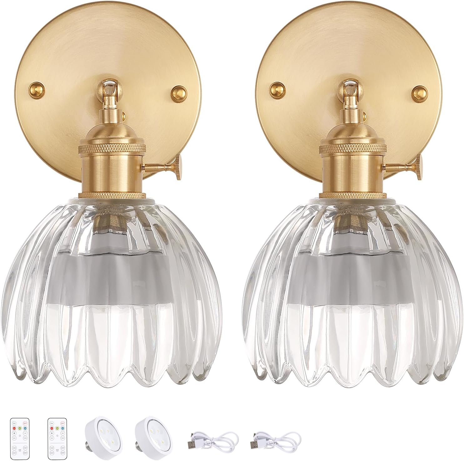 Vintage Battery Operated Wall Sconce with Green Tulip Glass Lampshade Rechargeable Battery Powered Wall Light with Remote Control for Bedside Bedroom Doorway - Grand Goldman