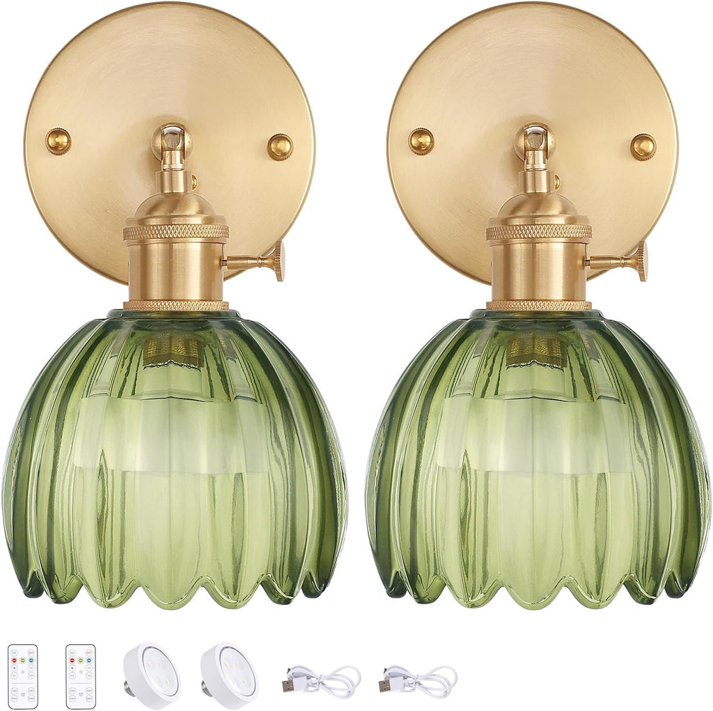 Vintage Battery Operated Wall Sconce with Green Tulip Glass Lampshade Rechargeable Battery Powered Wall Light with Remote Control for Bedside Bedroom Doorway - Grand Goldman