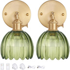 Vintage Battery Operated Wall Sconce with Green Tulip Glass Lampshade Rechargeable Battery Powered Wall Light with Remote Control for Bedside Bedroom Doorway - Grand Goldman