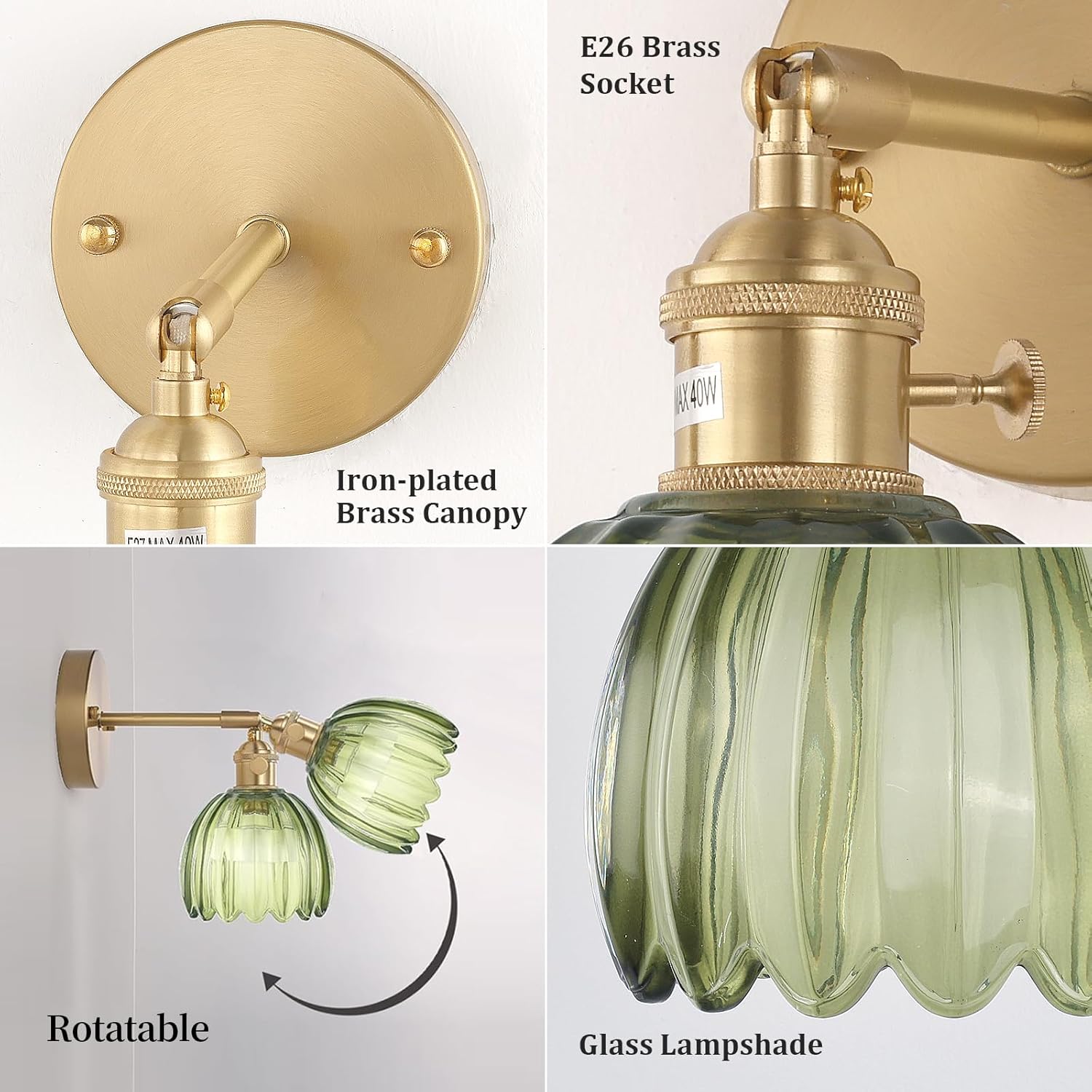 Vintage Battery Operated Wall Sconce with Green Tulip Glass Lampshade Rechargeable Battery Powered Wall Light with Remote Control for Bedside Bedroom Doorway - Grand Goldman