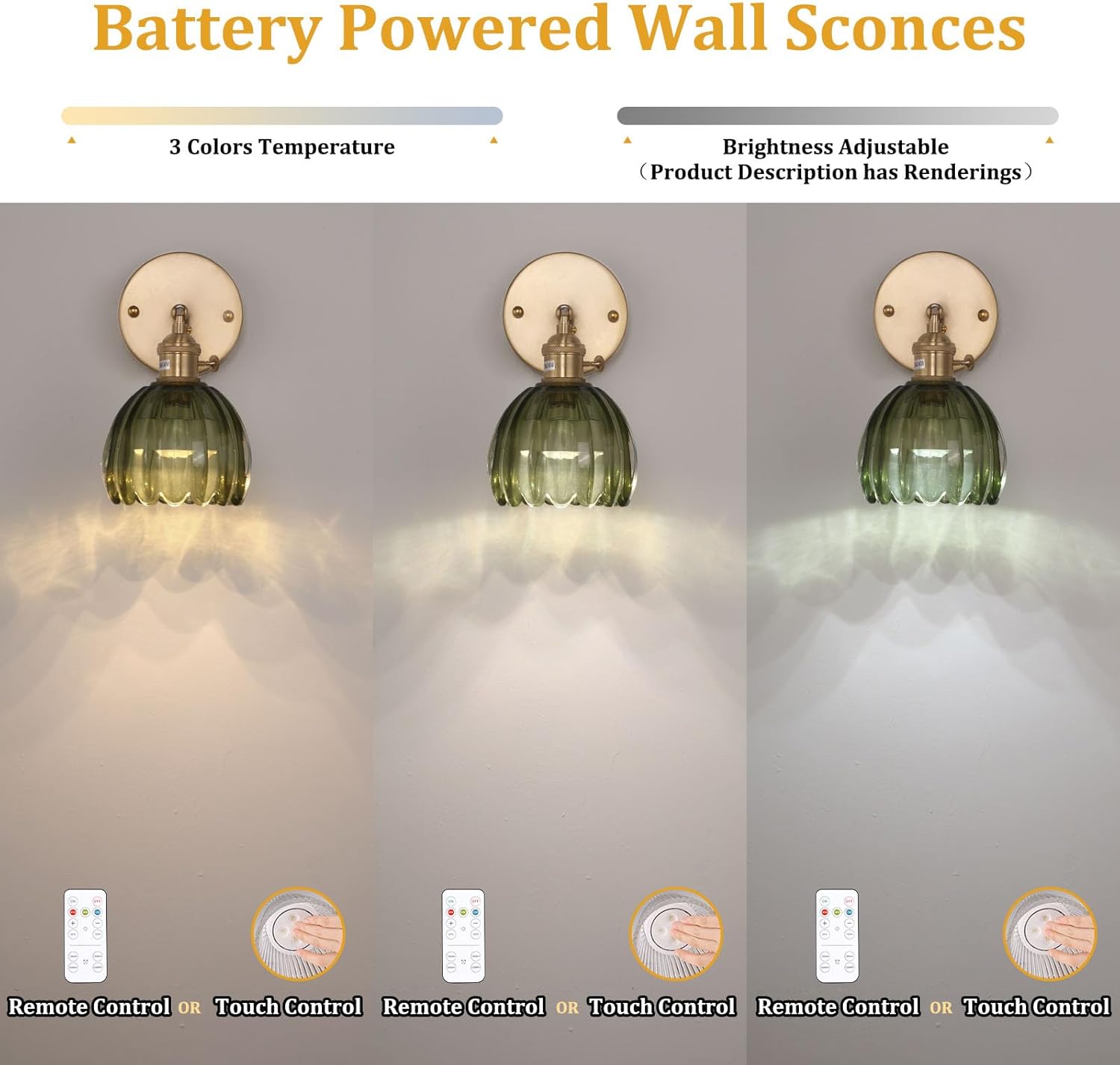Vintage Battery Operated Wall Sconce with Green Tulip Glass Lampshade Rechargeable Battery Powered Wall Light with Remote Control for Bedside Bedroom Doorway - Grand Goldman