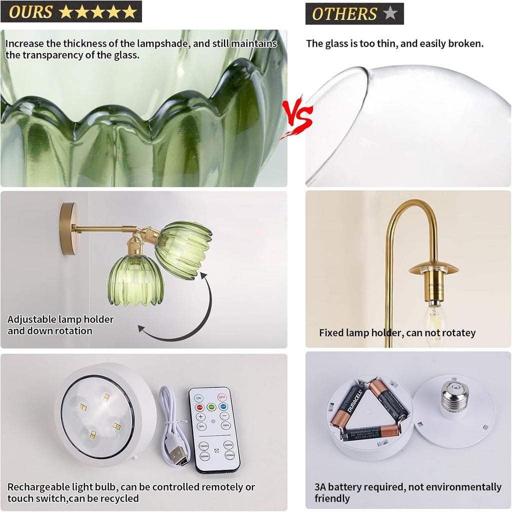 Vintage Battery Operated Wall Sconce with Green Tulip Glass Lampshade Rechargeable Battery Powered Wall Light with Remote Control for Bedside Bedroom Doorway - Grand Goldman
