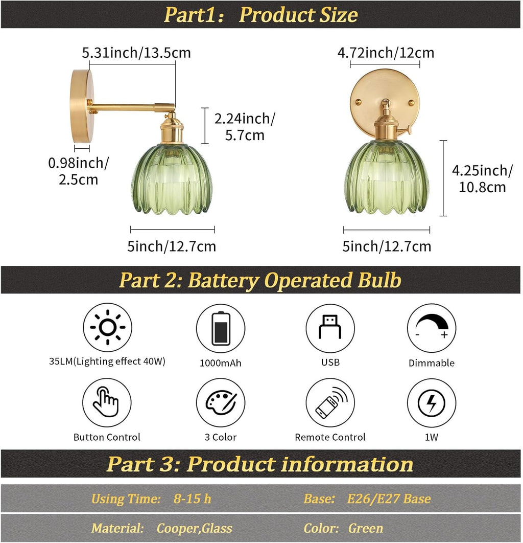 Vintage Battery Operated Wall Sconce with Green Tulip Glass Lampshade Rechargeable Battery Powered Wall Light with Remote Control for Bedside Bedroom Doorway - Grand Goldman
