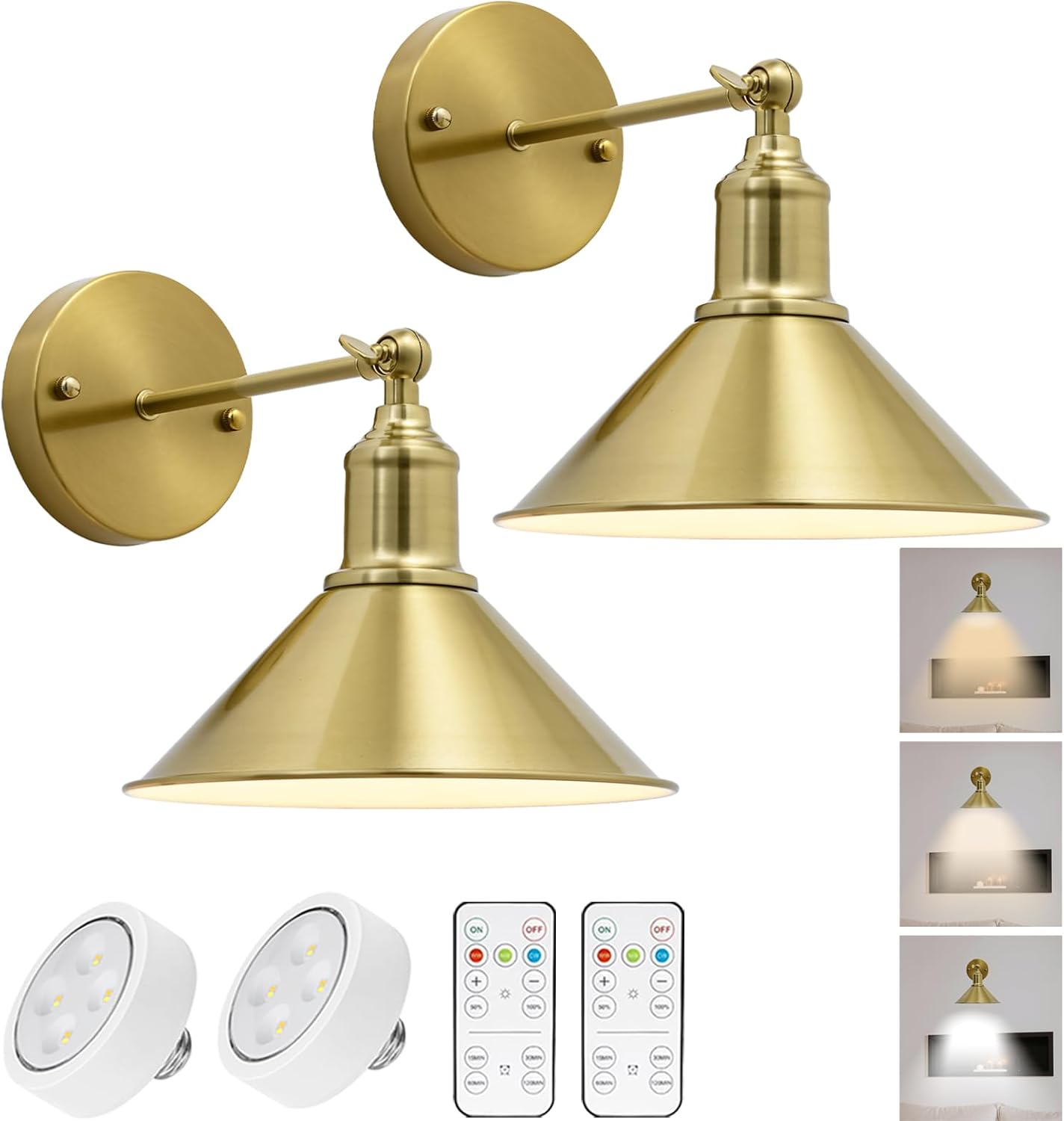 Vintage Black Wireless Battery Operated Wall Sconces, Cordless LED Wall Lights Set of 2 with Remote Control, for Bedroom, Farmhouse, Gallery - Easy Setup, Adjustable Brightness, Long-Lasting Battery - Grand Goldman