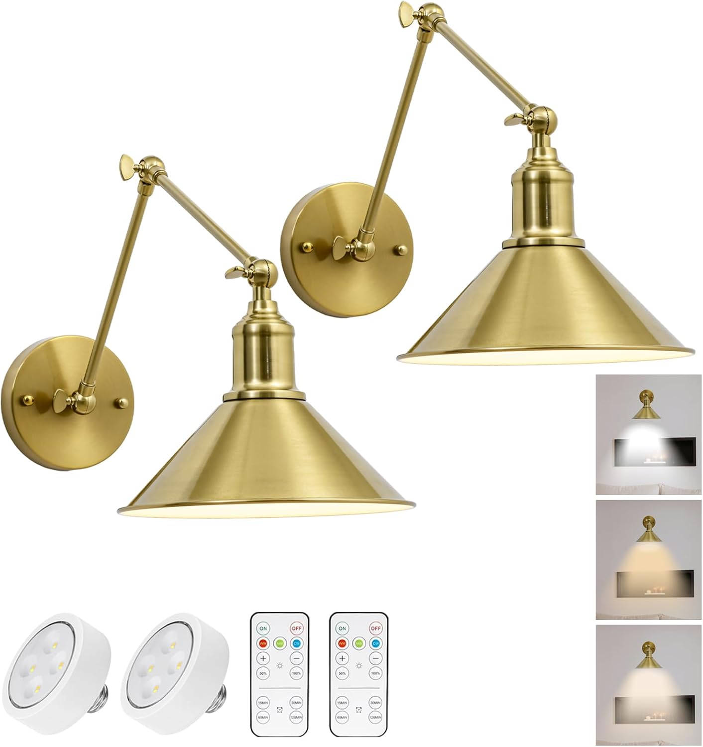 Vintage Black Wireless Battery Operated Wall Sconces, Cordless LED Wall Lights Set of 2 with Remote Control, for Bedroom, Farmhouse, Gallery - Easy Setup, Adjustable Brightness, Long-Lasting Battery - Grand Goldman