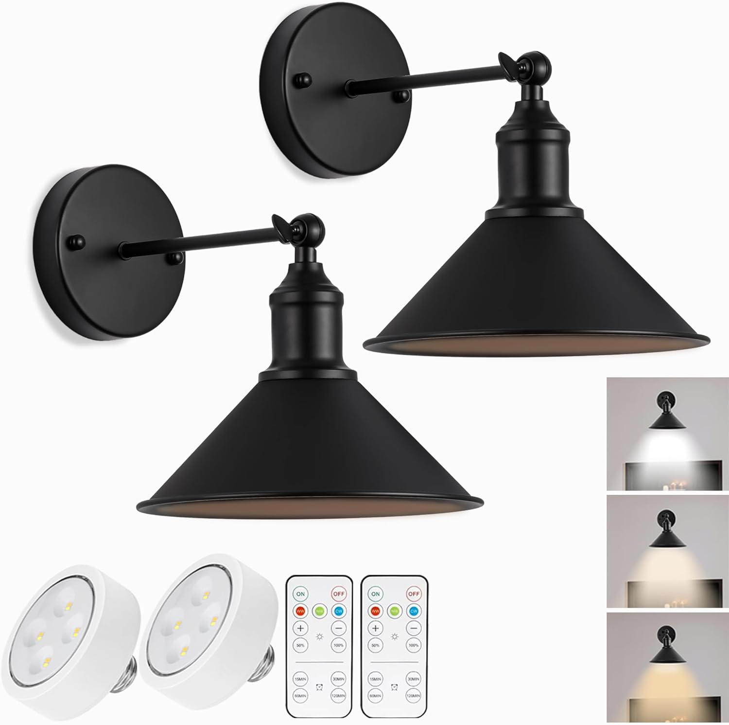 Vintage Black Wireless Battery Operated Wall Sconces, Cordless LED Wall Lights Set of 2 with Remote Control, for Bedroom, Farmhouse, Gallery - Easy Setup, Adjustable Brightness, Long-Lasting Battery - Grand Goldman