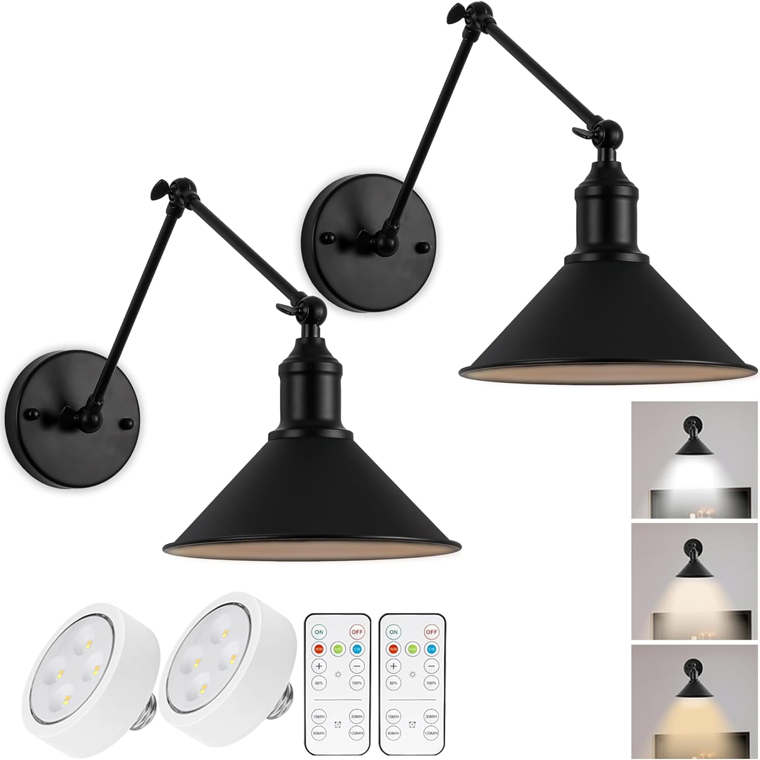 Vintage Black Wireless Battery Operated Wall Sconces, Cordless LED Wall Lights Set of 2 with Remote Control, for Bedroom, Farmhouse, Gallery - Easy Setup, Adjustable Brightness, Long-Lasting Battery - Grand Goldman