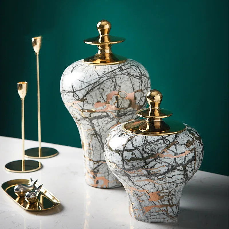 Vintage Bottle Marbled General Jar Golden Ginger Jar Porcelain Handicraft Ornaments Vase Flower Arrangement Home Decoration - Grand Goldman