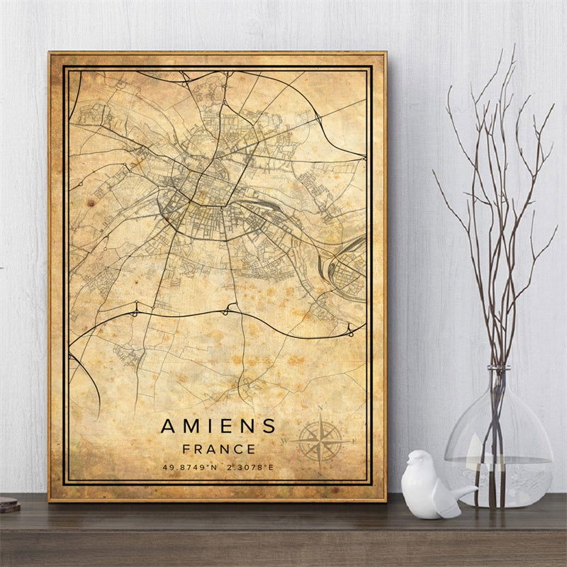 Vintage Burgundy City Map Poster Canvas Painting - Grand Goldman