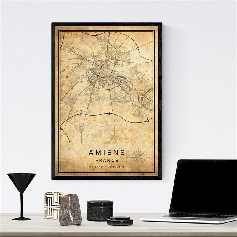 Vintage Burgundy City Map Poster Canvas Painting - Grand Goldman