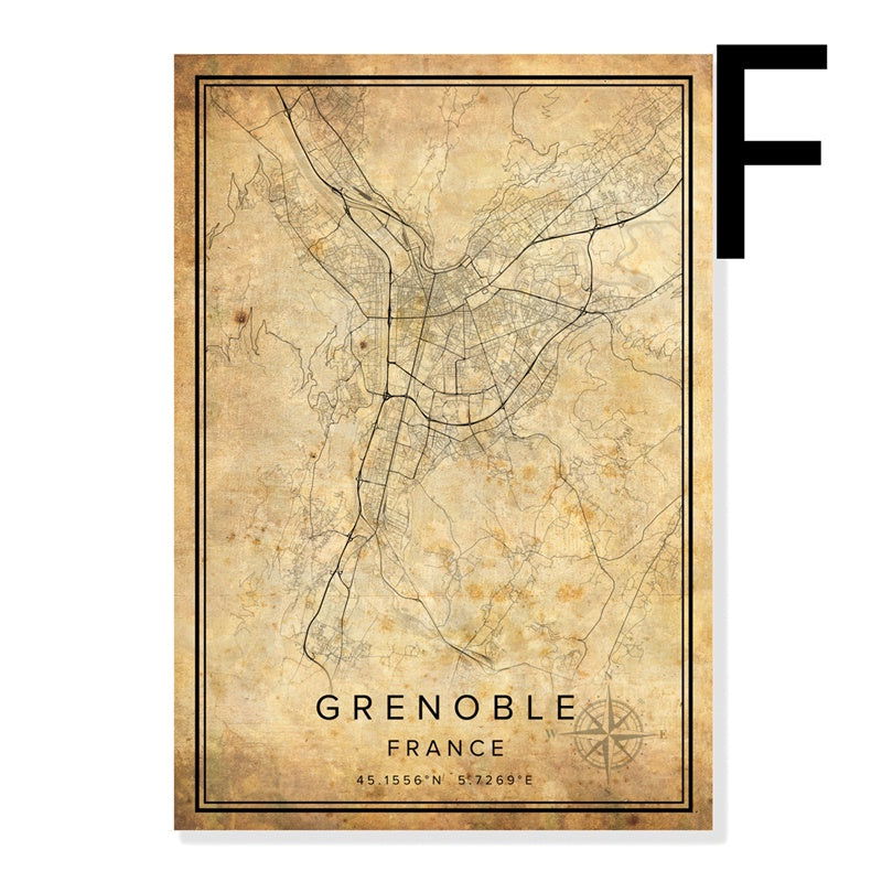 Vintage Burgundy City Map Poster Canvas Painting - Grand Goldman