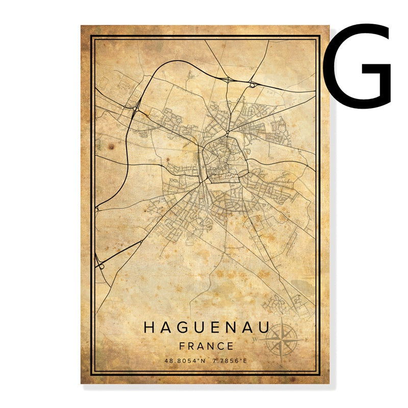 Vintage Burgundy City Map Poster Canvas Painting - Grand Goldman