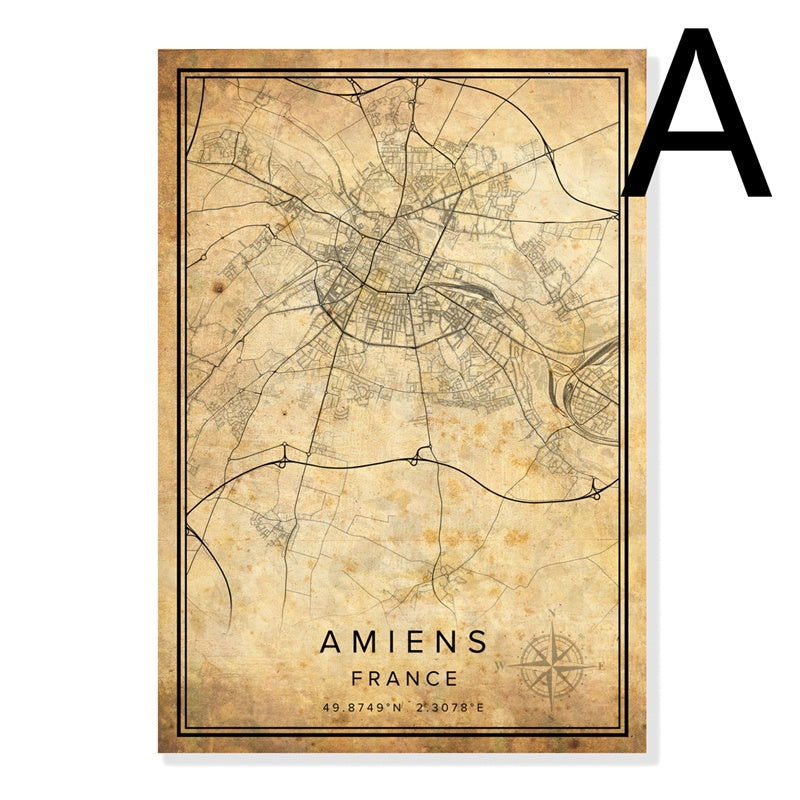 Vintage Burgundy City Map Poster Canvas Painting - Grand Goldman