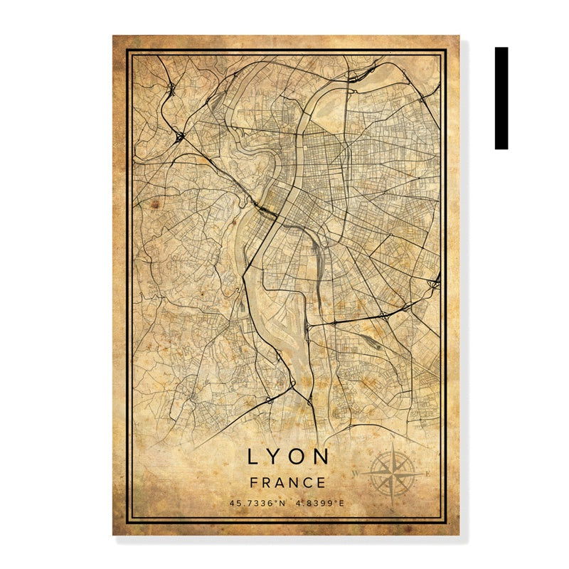 Vintage Burgundy City Map Poster Canvas Painting - Grand Goldman