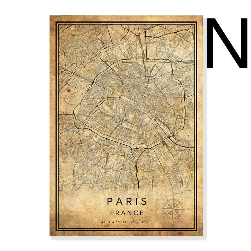 Vintage Burgundy City Map Poster Canvas Painting - Grand Goldman