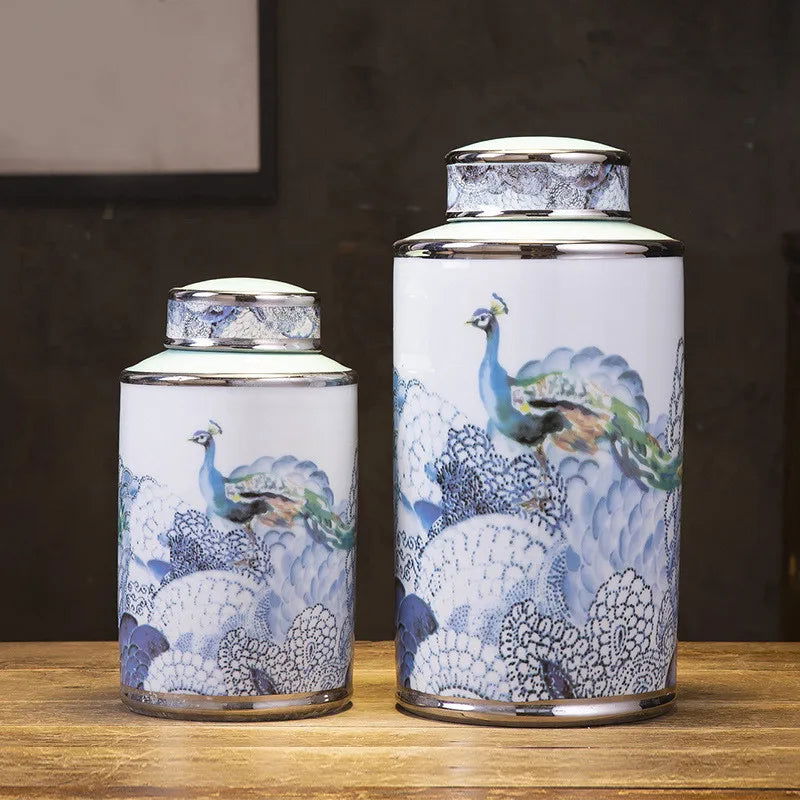 Vintage Ceramic Vase Ginger Jar General Jar Peacock Pattern Flower Pot Desktop Storage Flower Arrangement Home Decoration - Grand Goldman