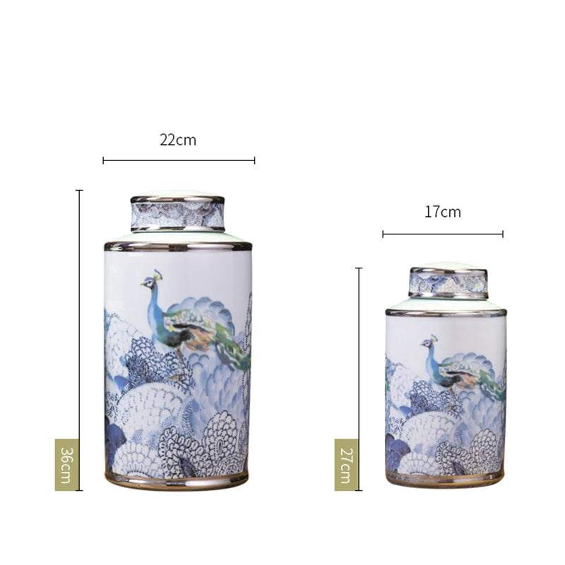 Vintage Ceramic Vase Ginger Jar General Jar Peacock Pattern Flower Pot Desktop Storage Flower Arrangement Home Decoration - Grand Goldman